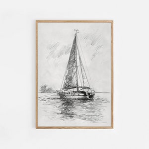 Simple Nautical Sketch Art, Lake House Print Sailboat Nursery Drawing, Neutral Tones, PRINTABLE Digital Download, Sailboat Drawing
