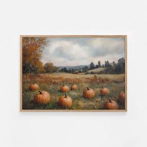 Autumn Landscape Painting, Vintage Rustic Wall Art, Antique Farmhouse Wall Decor, Pumpkin Field Vintage Painting, Cottage Fall Decor | #722