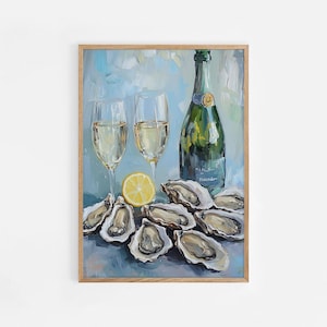 Afternoon Oysters, Wine & Sea Food Illustration Print, Glass of Wine and Oysters, Kitchen decor, Food Art Print, Dinner Party Poster | #863
