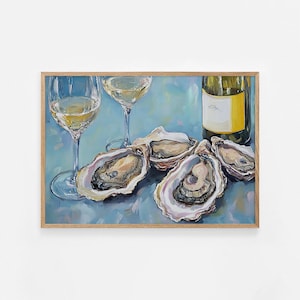 Afternoon Oysters, Wine & Sea Food Illustration Print, Glass of Wine and Oysters, Kitchen decor, Food Art Print, Dinner Party Poster | #864