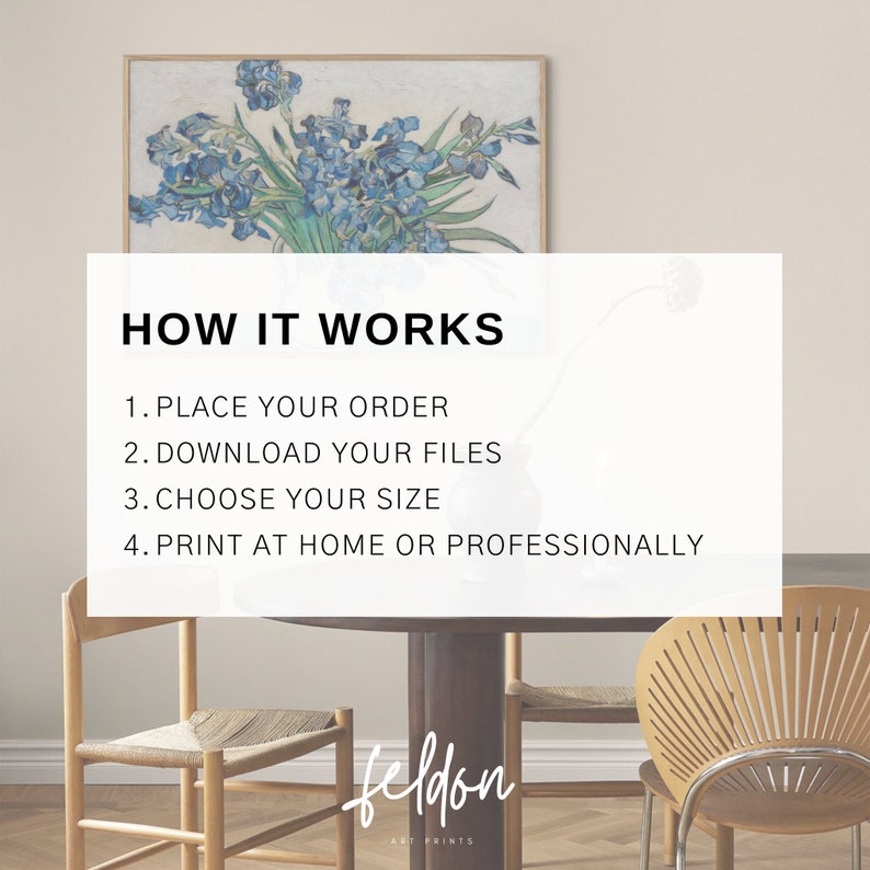 May include: How it works: Place your order, download your files, choose your size, and print at home or professionally.  The text "feldon art prints" is at the bottom of the image.