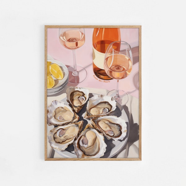 Afternoon Oysters, Wine & Sea Food Illustration Print, Glass of Wine and Oysters, Kitchen decor, Food Art Print, Dinner Party Food Art Print