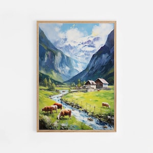 Oil Painting Switzerland Travel Print, Mountain Wall Art, Travel Gift, Switzerland Poster, Housewarming Gift, Swiss Mountains Decor