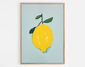 Arte de pared de cocina imprimible con limón, decoración de pared de cocina digital, comida e impresiones, póster de limón descargable, impresión minimalista de limón