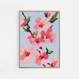 Lámina de arte mural de flor de cerezo, póster floral rosa con fondo azul, pintura japonesa de sakura primaveral, decoración botánica moderna para el hogar / n.° 1105