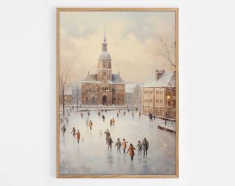 May include: A framed print depicting a winter scene with a large building and people ice skating. The artwork is in a vintage style with muted colours and a light wooden frame. The scene is set in a snowy environment.