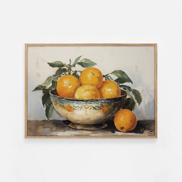 Vintage keuken stilleven schilderij, boerderij print, olieverf print, afdrukbare artwork, keuken kunst, sinaasappelen, rustieke sinaasappelen kunst aan de muur