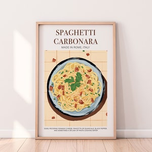 Pôster de macarrão espaguete carbonara, arte de macarrão italiano, pôster de comida, pôsteres de cozinha, arte de parede de comida, decoração de cozinha, impressão de chef, arte de parede retrô