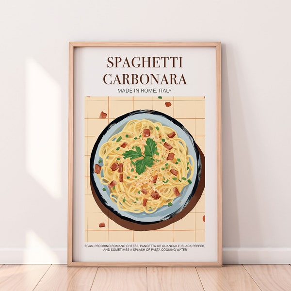 Spaghetti carbonara pasta poster, italian pasta art, food poster, kitchen posters, food wall art, Kitchen Decor, Chef Print, Retro Wall Art