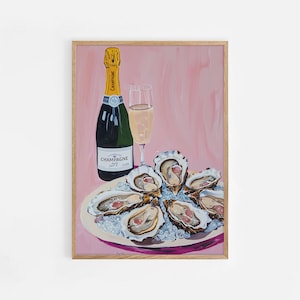 シャンパンと牡蠣、バーカートの絵画、美しいアパートメント、トレンディなバーカートのプリント、高級アルコールアート、シーフードのイラストアート