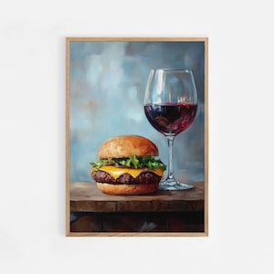 Czerwone wino i cheeseburger wydruk, uroczy, dziwaczny, kapryśny, dekoracja wózka barowego w formie sztuki koktajlowej, elegancki prezent w postaci obrazu olejnego, modna ściana kuchenna | #809