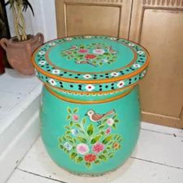 Handmade Indian Solid Wood Round Hand Painted Side Table