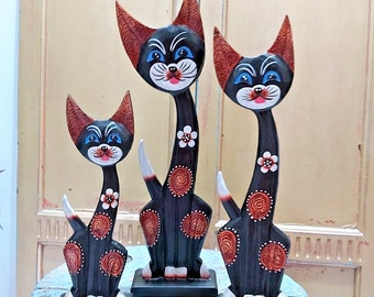 Set Of Three Hand Carved Wooden Cats