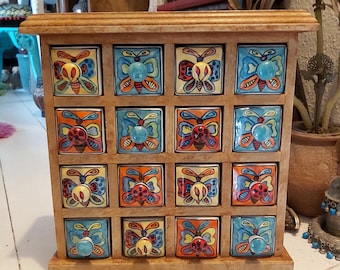 Handmade Indian 16 drawer Butterfly Ceramic Mango Wood Spice/Storage Chest - Special Price!