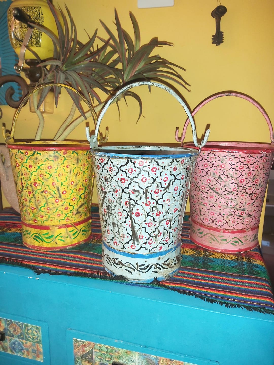 Indian Bucket Collection A Set of Three Indian Metal Hand Painted Buckets Pink/yellow/blue - Etsy UK