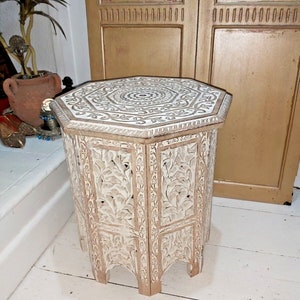 Handcarved in India Solid Mango Octagonal Table in Antique Whitewash Finish