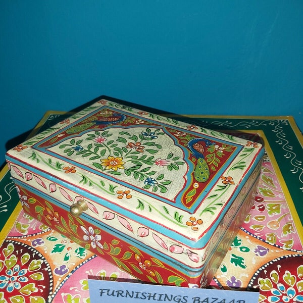 Indian Hand Painted Floral/Peacock Design Mango Wood   storage/trinket/jewellery box