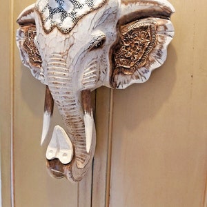 Large Hand Carved Solid Wood Hand Painted Elephant Bust