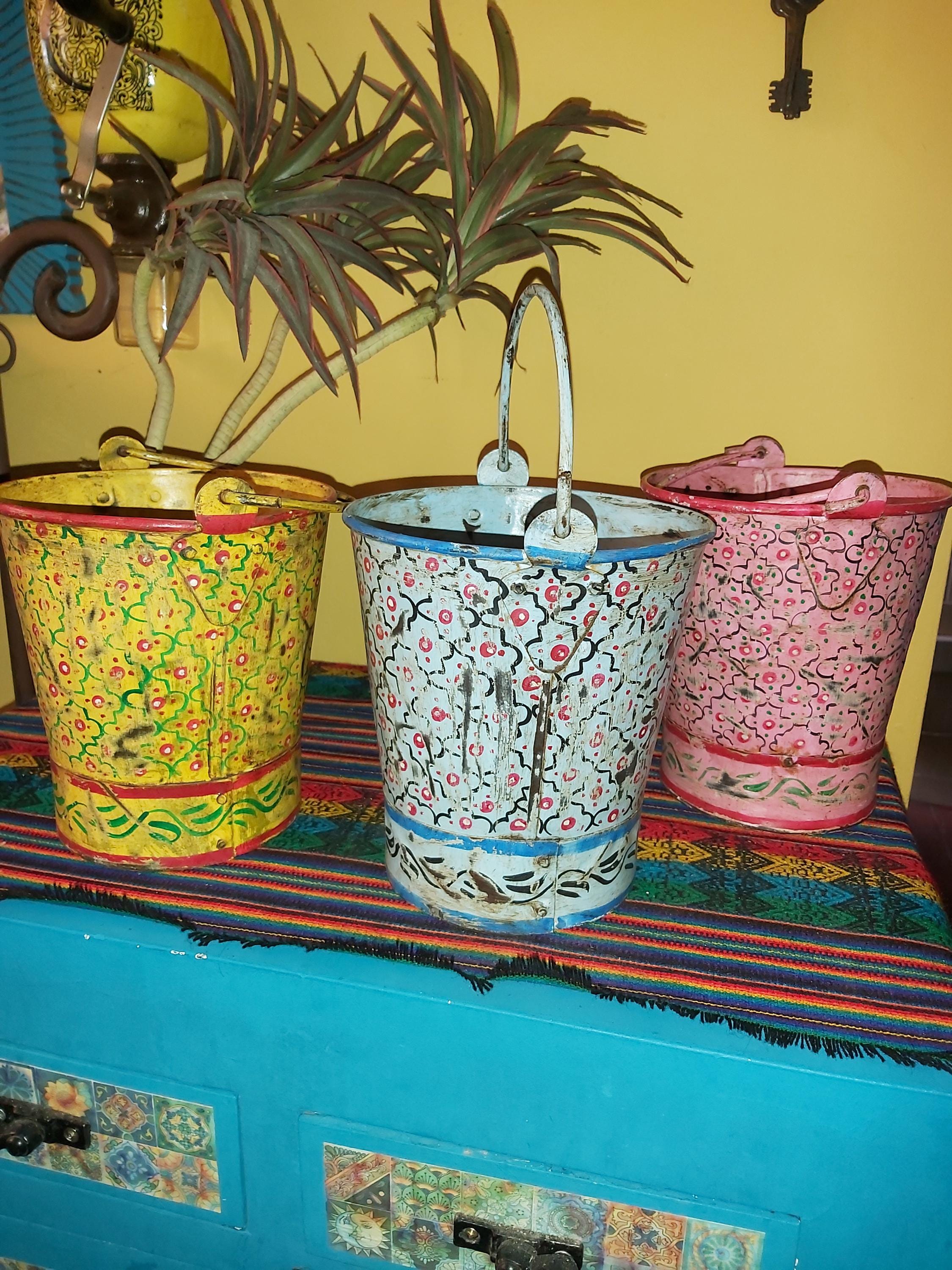 Indian Bucket Collection A Set of Three Indian Metal Hand Painted Buckets Pink/yellow/blue - Etsy UK
