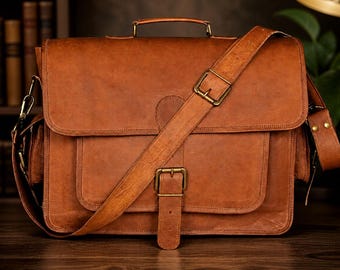 Personalized Leather Messenger Bag for Men – Custom Laptop Briefcase, Crossbody Satchel, Office Bag, Gift