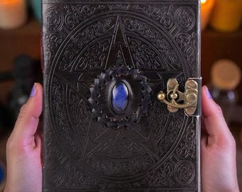 Carnet de notes pentagramme en cuir : pierre de lapis-lazuli, cadeau de Noël en papier taupe