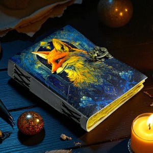 May include: A leather-bound journal featuring a colourful fox illustration on the cover. The fox is rendered in orange, yellow, and gold against a dark blue backdrop. The journal has a metal clasp and gold-edged pages.