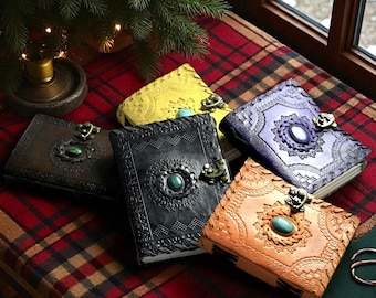 Embossed Leather Book of Shadows: Lapis Lazuli Stone Grimoire Journal