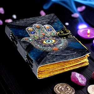 May include: A leather-bound journal with a Hamsa hand design on the cover. The cover is dark blue with a detailed, colorful Hamsa hand illustration. The journal has a metal clasp and aged, yellowed pages.