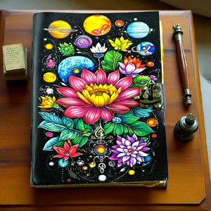 Puede incluir: Diario de cuero negro con un colorido diseño floral y celestial. La portada presenta una gran flor de loto rosa y amarilla, planetas y otros elementos botánicos. Un bolígrafo y una pequeña pila de papeles están sobre la superficie de madera.
