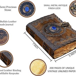 May include: Handmade buffalo leather journal with a semi-precious stone and antique metal finish lock. The journal is 7 inches long, 5 inches wide, and features hand-stitched leather binding. It contains 200 pages of unique vintage unlined paper.