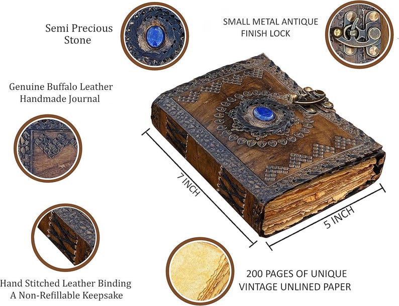May include: Handmade buffalo leather journal with a semi-precious stone and antique metal finish lock. The journal is 7 inches long, 5 inches wide, and features hand-stitched leather binding. It contains 200 pages of unique vintage unlined paper.