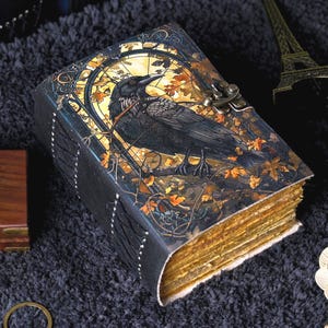 Carnet de notes gothiques en cuir de 400 pages The Raven Grimoire Print - Cadeaux vintage pour carnet de sorcellerie du Livre des ombres fait main pour homme