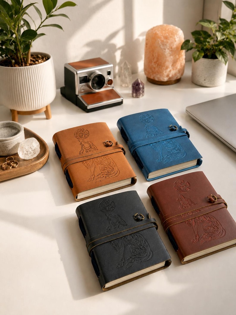 May include: Four leather journals in brown, blue, black, and dark brown, each with a debossed wolf design and a leather strap closure. A vintage camera and plants are in the background.