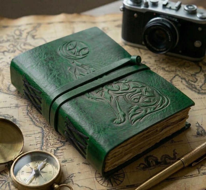 May include: A green leather journal with a wolf and moon design embossed on the cover. The journal is closed with a leather strap. A vintage camera and compass are in the background.