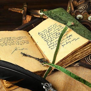 Puede incluir: Un diario de estilo vintage con una cubierta de cuero verde y una pluma de ave. El diario tiene un aspecto desgastado y antiguo y est&aacute; abierto para revelar p&aacute;ginas en blanco.