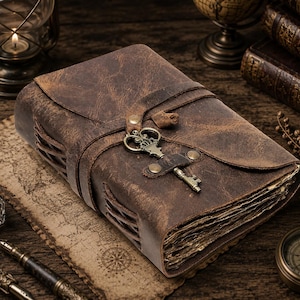 May include: A dark brown leather journal with a distressed texture, featuring a wrap-around leather strap secured by a brass-colored metal key charm. The journal has visible side stitching and thick, deckled-edge paper pages bound within the cover.