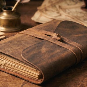 May include: A rustic, brown leather journal with a strap closure and a bookmark. The journal is open, revealing the pages. The image also shows an inkwell, a quill, and aged paper, suggesting a vintage aesthetic.