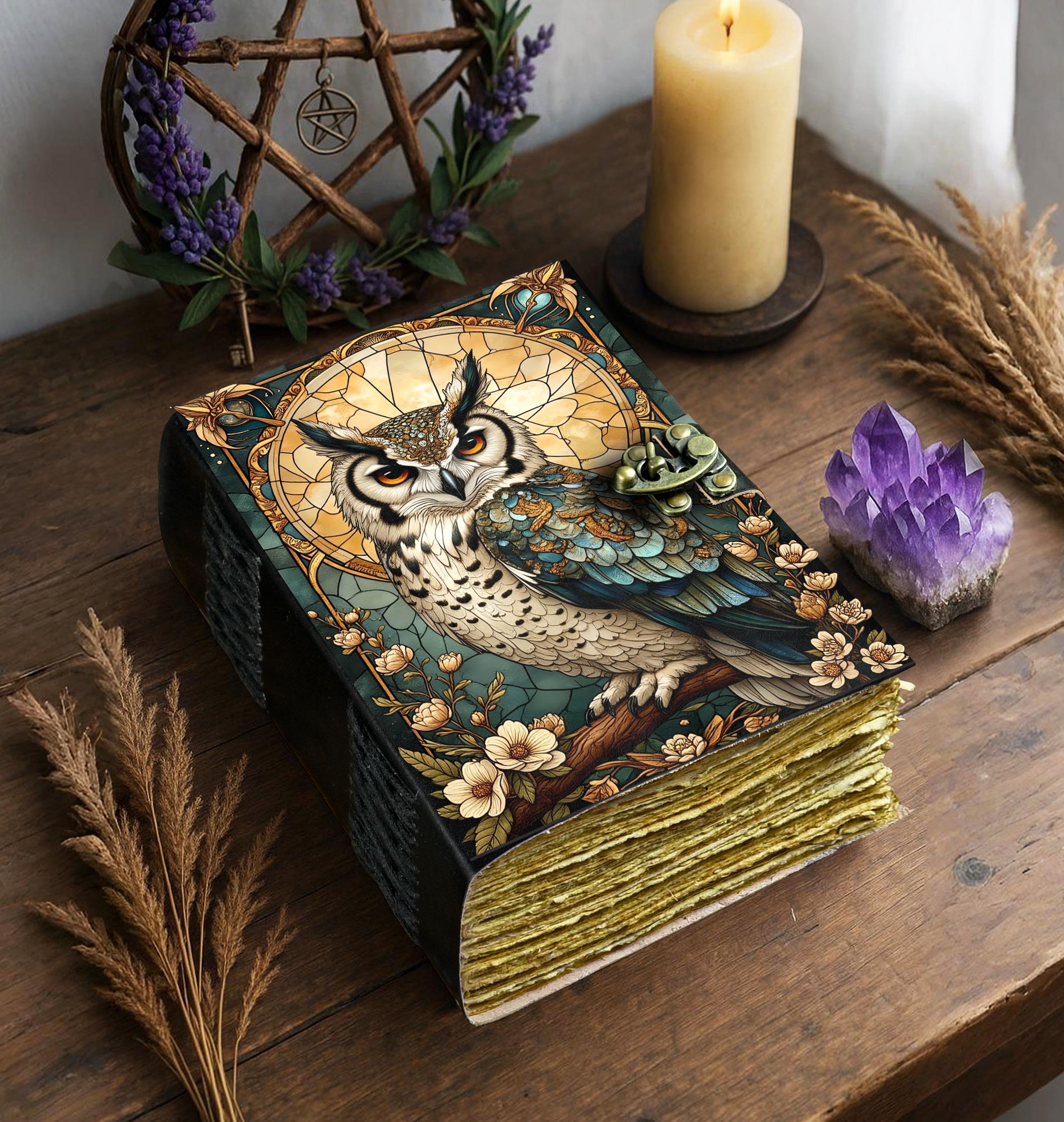 Handmade Owl Leather Grimoire: Witchy Book of Shadows, Blank Journal