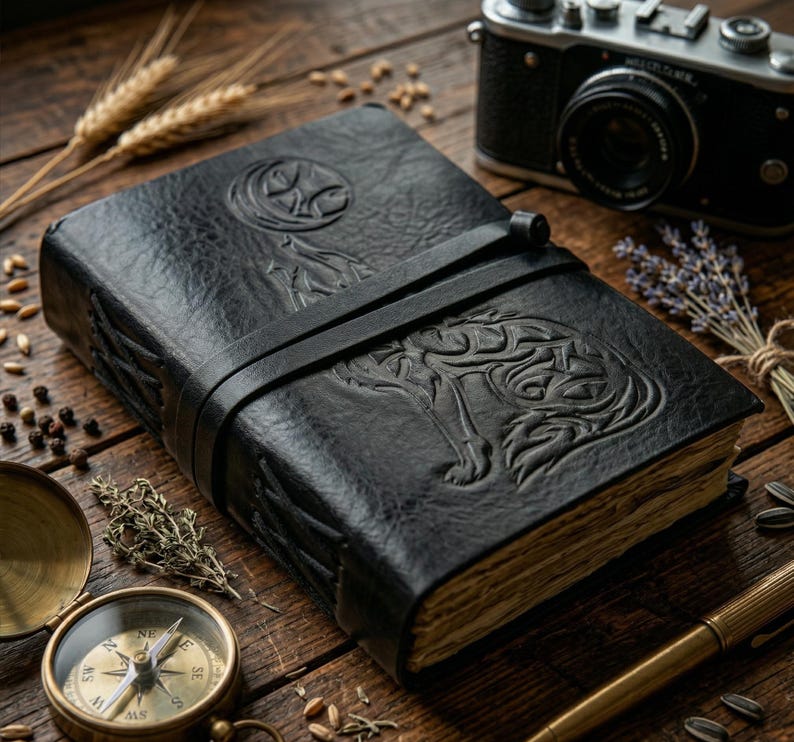 May include: A black leather journal with an embossed wolf design and a strap closure. The journal is on a wooden surface with a vintage camera, compass, and pen.