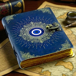 Op de afbeelding: Een blauw notitieboek met een oogontwerp op de kaft. Het notitieboek heeft een messing sluiting en goudkleurige pagina's. Het oogontwerp is een blauw-witte cirkel met gouden accenten. Het notitieboek ligt op een kaart.