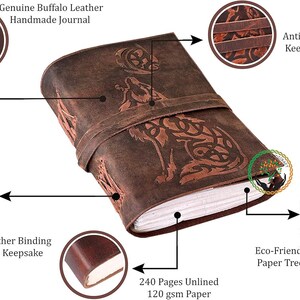 May include: A brown leather journal with a wolf design and an antique leather strap. The journal has 240 unlined pages of 120 gsm paper and hand-stitched leather binding. The journal is made of genuine buffalo leather.