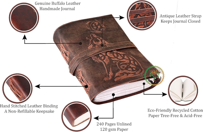 May include: A brown leather journal with a wolf design and an antique leather strap. The journal has 240 unlined pages of 120 gsm paper and hand-stitched leather binding. The journal is made of genuine buffalo leather.
