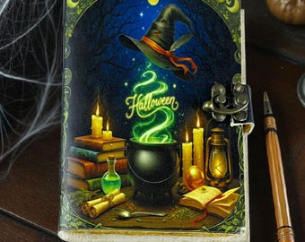 Handmade Witch Cauldron Grimoire with Lock: Halloween Spell Book Journal