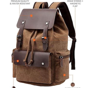 Peut inclure: Sac à dos en toile marron avec des accents en cuir et une fermeture à cordon. Le sac à dos a un grand compartiment principal, une poche avant et deux poches latérales. Le sac à dos est résistant à l'eau et possède une double fermeture de sécurité.