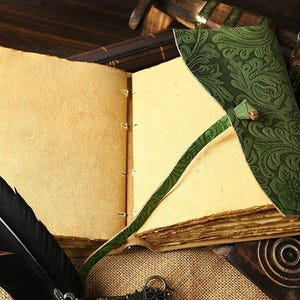 Puede incluir: Un diario de cuero verde con un patr&oacute;n floral, abierto para revelar p&aacute;ginas en blanco. Una pluma de pluma negra est&aacute; sobre el diario.