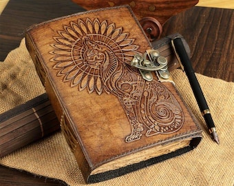Embossed Egyptian Cat Leather Journal: Vintage Lock Book of Shadows