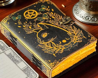 Libro de hechizos de cuero en blanco: grimorio con diseño de gato, diario hecho a mano