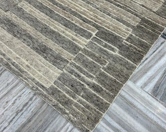 Handwoven Geometric Wool Rug: Beige Taupe Stripe, Modern Minimalist Decor