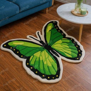 Hand‑Tufted Green Butterfly Rug – Custom Wing‑Cut Wool Accent Rug with Cream Border & Graphic Botanical Color Playroom Carpet