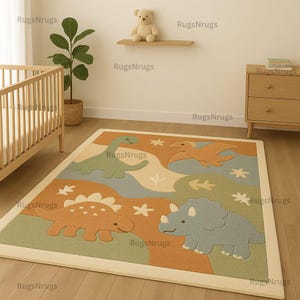 Tappeto con dinosauri dei cartoni animati - Tappeto per cameretta per bambini annodato a mano con simpatici stegosauri, triceratopi e tappeto per cameretta - Tappeto rettangolare in lana